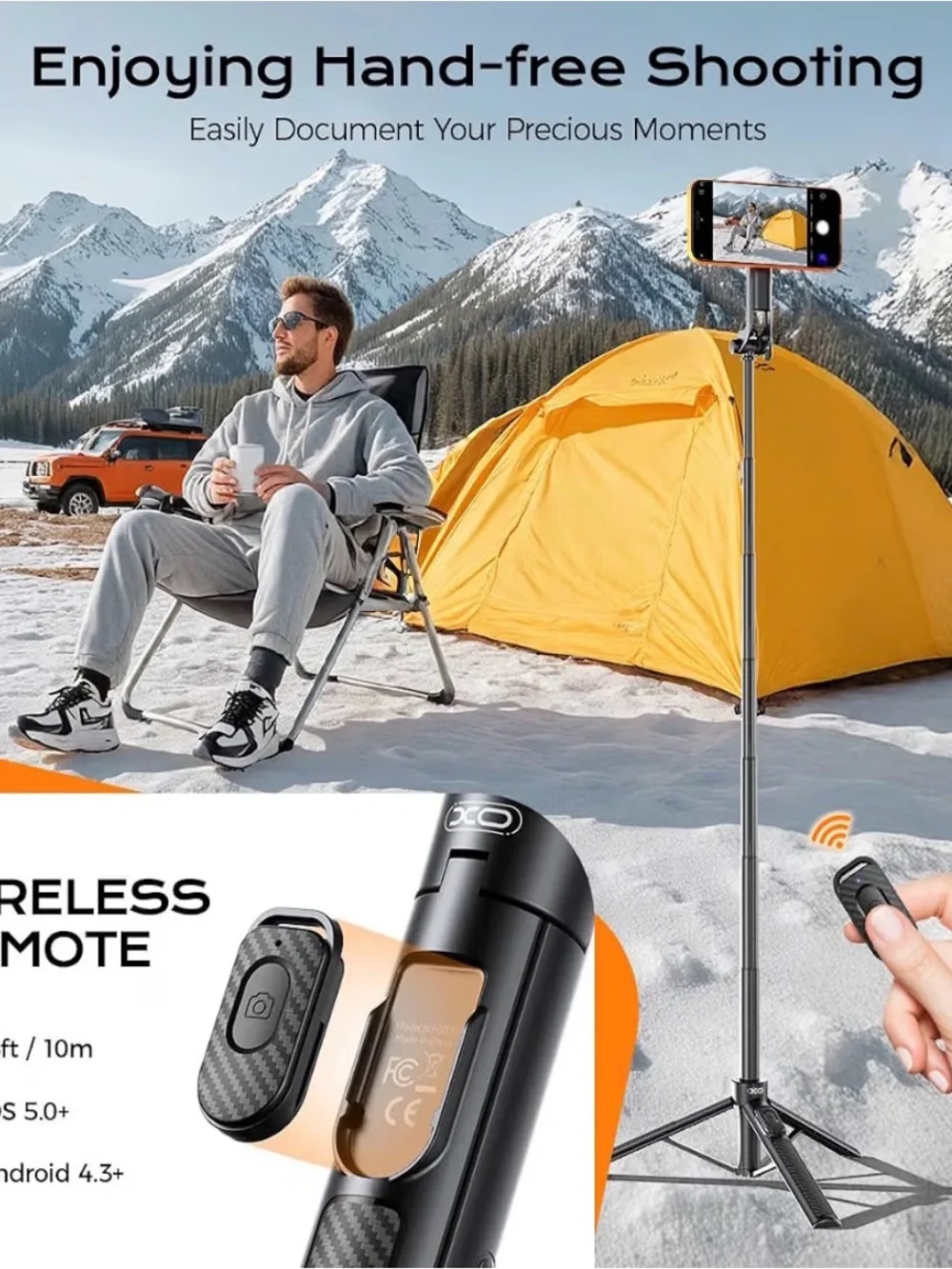 Black Bluetooth Selfie Stick Tripod with Remote for Smartphones